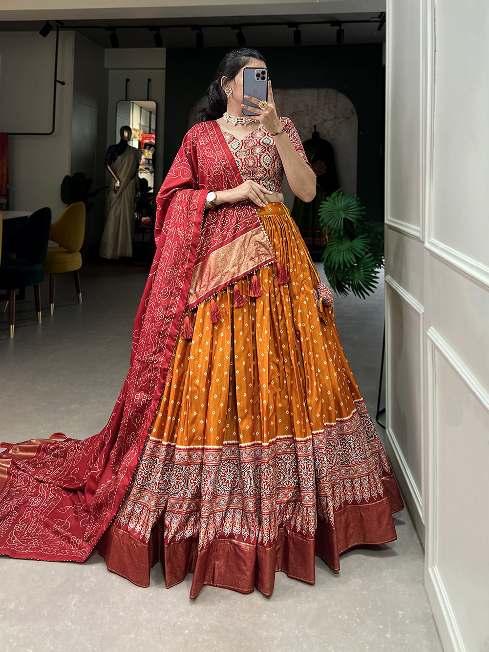 Designer Semi-Stitched Tussar Silk Lehenga Choli | Printed Blouse & Matching Dupatta | Elegant for Wedding, Festival, Reception & Party