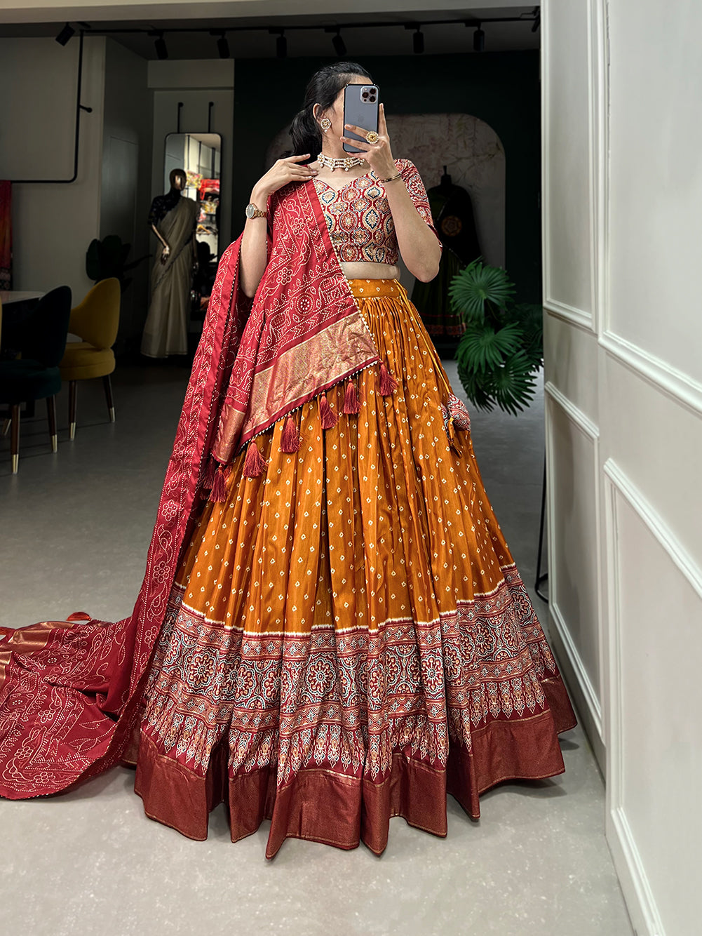 Designer Semi-Stitched Tussar Silk Lehenga Choli | Printed Blouse & Matching Dupatta | Elegant for Wedding, Festival, Reception & Party