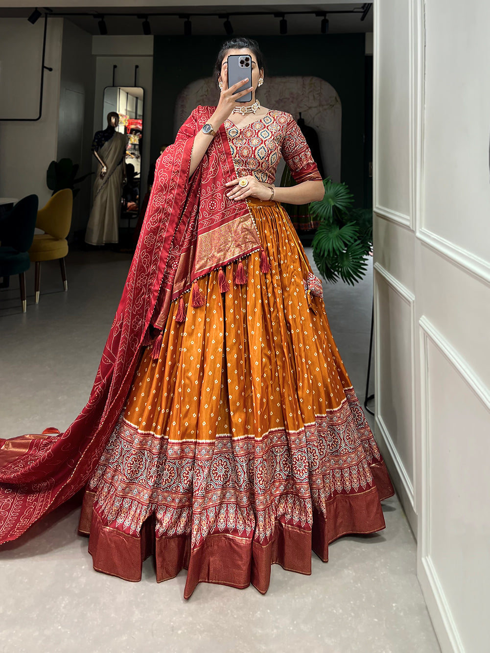 Designer Semi-Stitched Tussar Silk Lehenga Choli | Printed Blouse & Matching Dupatta | Elegant for Wedding, Festival, Reception & Party