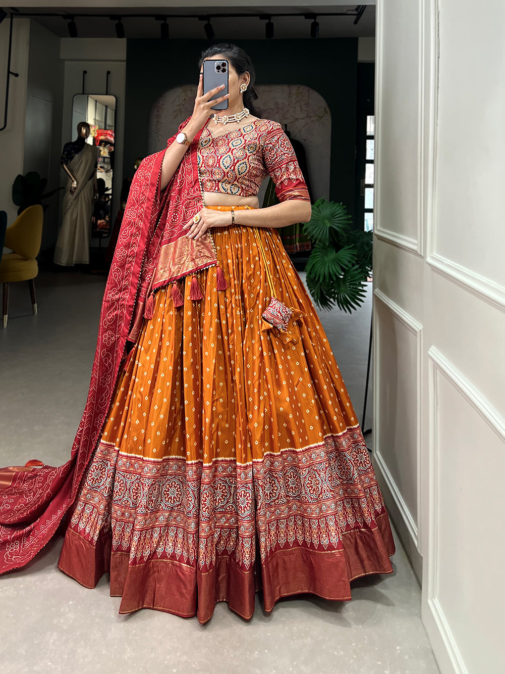 Designer Semi-Stitched Tussar Silk Lehenga Choli | Printed Blouse & Matching Dupatta | Elegant for Wedding, Festival, Reception & Party
